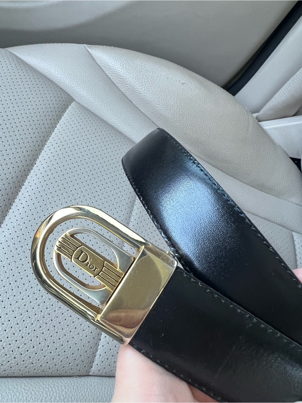 Vintage Christin Dior Black Leather Belt with Gold Silver Signature Buckle